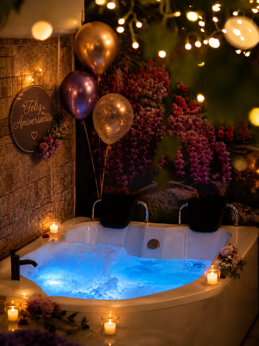 Jacuzzi decorado con flores y globos para un aniversario en Esbell Spa